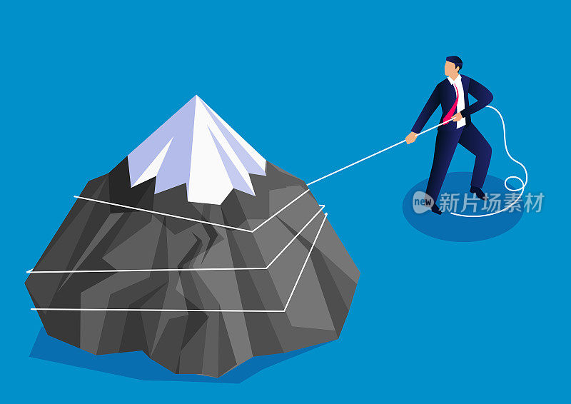 Businessman pulls huge mountain peaks and rocks, businessman's hardship and heavy burden